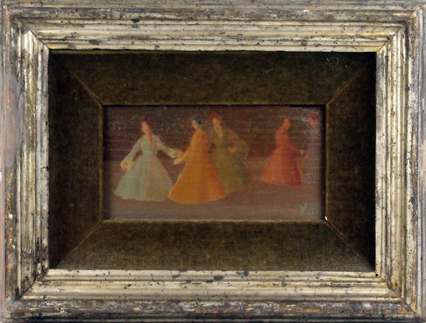 Franco Villoresi - Figure, olio su tavola, cm. 11x25, entro cornice.