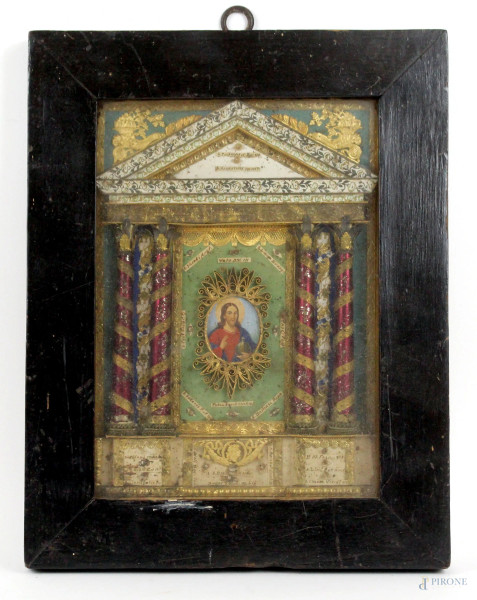 Reliquiario a forma di altare, cm 21x15, inizi XX secolo, entro cornice