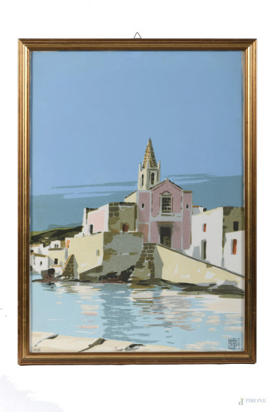 Aldo Riso (1929-2008), Isole Eolie, serigrafia su carta es XV/L, cm 70x50, firmato in basso a destra, entro cornice