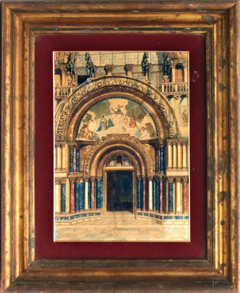 Entrata del Duomo di Venezia, acquarello cm, 24x35, inizi XIX sec, firmato R.S. Lemmo,  entro cornice.