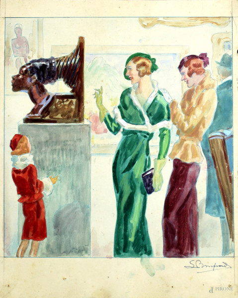Luigi  Bompard - Al museo, acquarello su cartoncino, cm. 30x25.