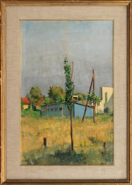 Baccio Maria Bacci - Paesaggio con case, olio su tavola, cm 50 x 32, entro cornice.
