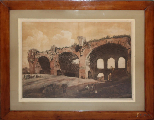 Acquedotto romano con figure, tecnica mista su carta, cm 48x65, entro cornice.