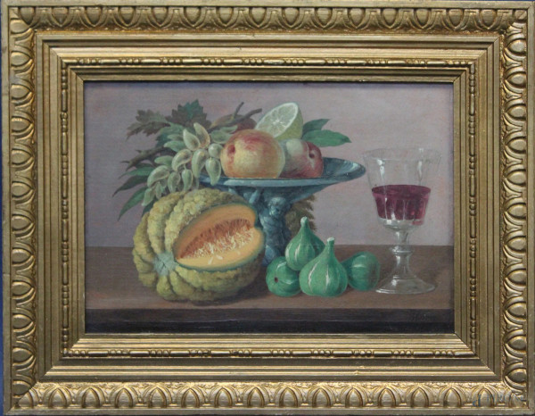 Natura morta con frutta e bicchiere, olio su cartone, 24x35 cm, entro cornice firmato.