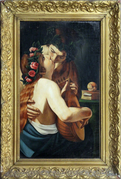 Il bacio, olio su tela, cm 51x31, fine XIX sec., entro cornice.