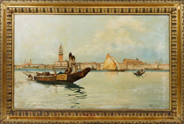 Veduta di Venezia dall'Isola di S. Giorgio, olio su tela, cm 63x103, firmato, entro cornice.