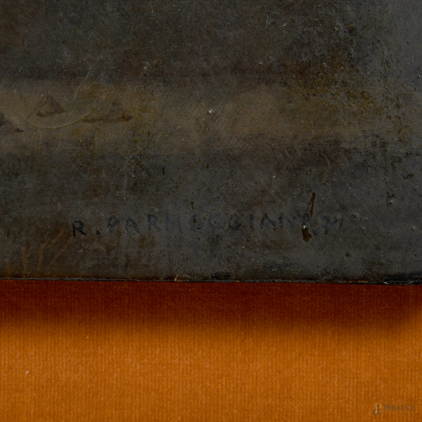 Romano Parmeggiani (Venezia, 1930 - Vicenza, 1992) , Figura nel bosco, olio su tavola, cm 53,5x87...