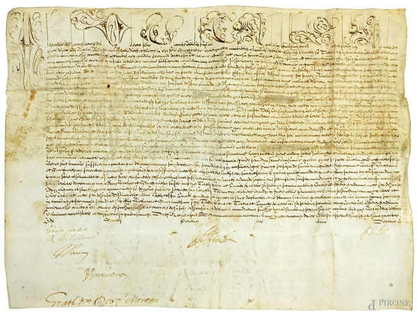 Foglio manoscritto su pergamena, XVI secolo, cm 29,6x40,5