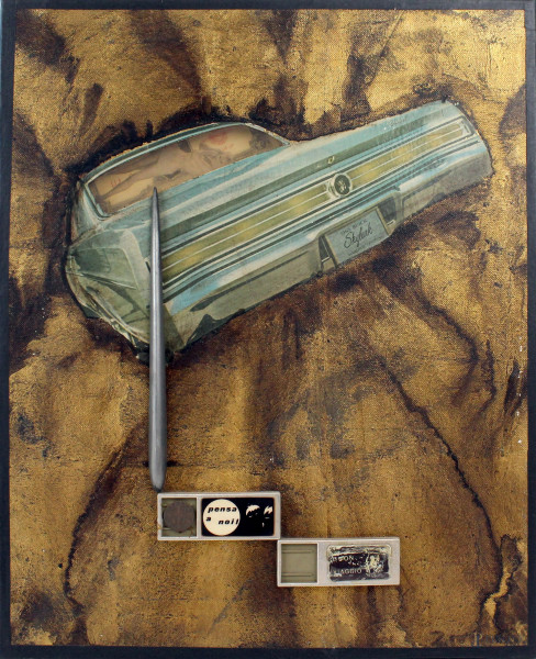 Pensa a noi-buon viaggio, tecnica mista-collage su tela, cm 50x40, XX secolo.