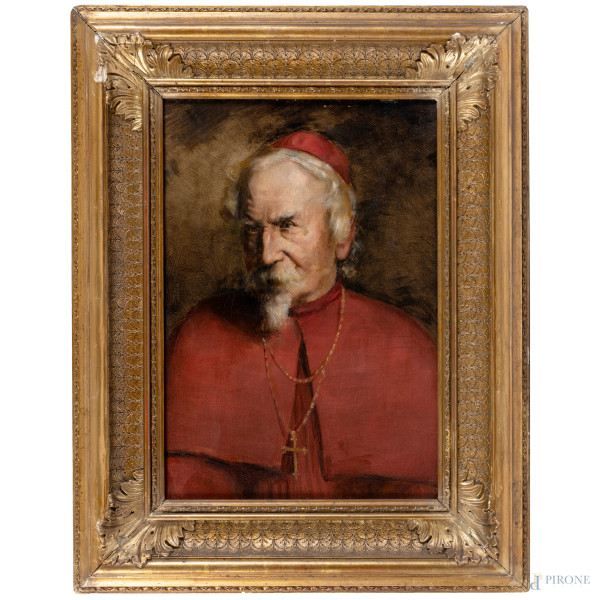 Ritratto di cardinale, XIX secolo, olio su tela, cm 42,5x30, entro cornice, (piccole abrasioni)