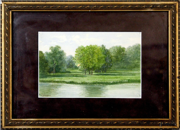 Paesaggio fluviale con alberi, acquarello su carta, cm. 15x22,5, firmato Cecconi, entro cornice.