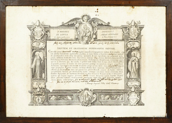 SALUTEM ET ORATIONUM SUFFRAGIUM SALUTARE, incisione del XVIII secolo, cm 45,5x66, entro cornice (difetti alla carta)