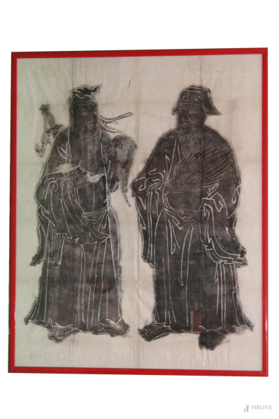 Coppia dignitari, disegno a tecnica mista su cartariso, 114x91, Cina primi 900.