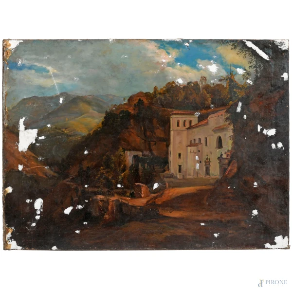 Scorcio montano con abbazia, XIX secolo, olio su tela, cm 52x71, (cadute di colore, abrasioni, graffi, consistenti tracce di stucco)