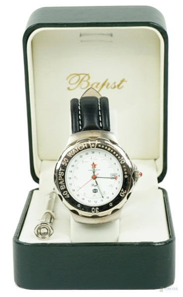 Bapst Watch, orologio da polso da uomo, cassa in acciaio, cinturino regolabile in cuoio, entro custodia originale, (meccanismo da revisionare).