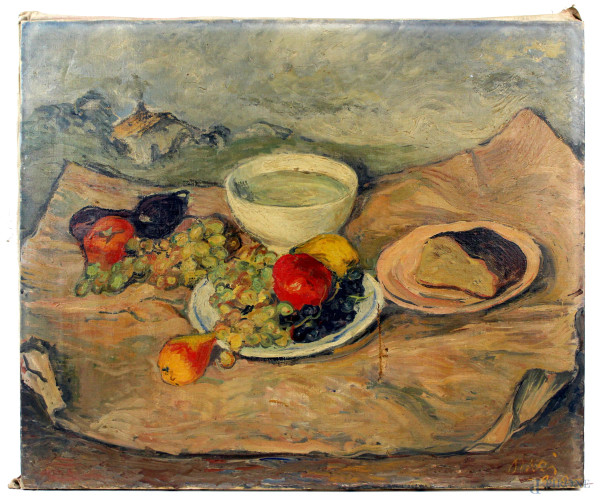 Natura morta con frutta e vasellame, olio su tela, cm 54x65, firmato, (difetti sulla tela)