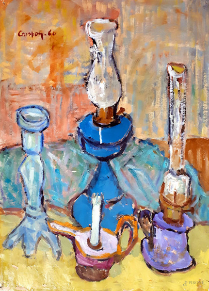 Maestro del Novecento Composizione con lanterne e candela, 1960, olio su carta, cm 50x65, firmato