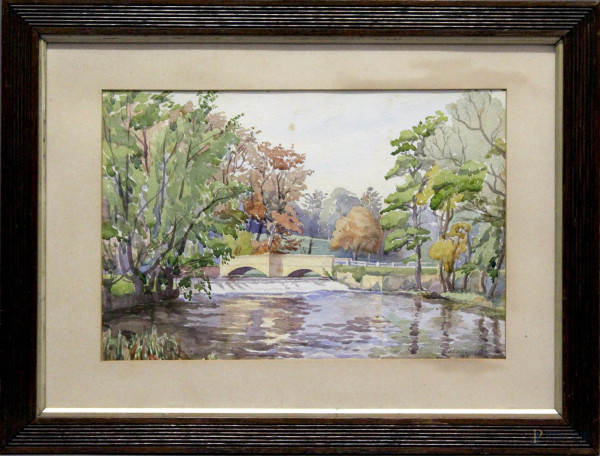 W.J.Jenkins, Paesaggio con ponticello e fiume, acquarello su carta, cm 26 x 38, entro cornice.