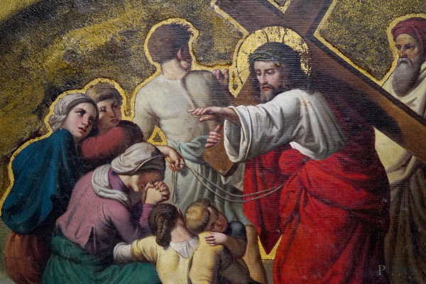 Lotto composto da 4 stampe su tela ritoccate ad olio rappresentanti episodi della Via Crucis, XX ...
