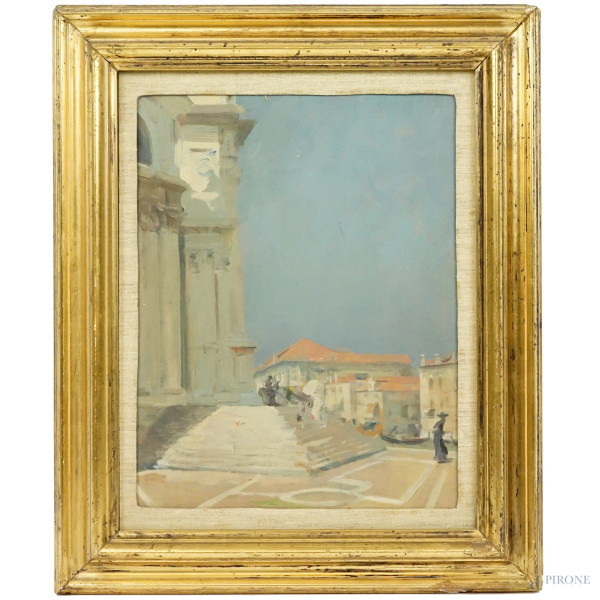 Scorcio sulla Chiesa di Santa Maria della Salute, olio su tavola, cm 34x27, XX secolo, entro cornice.