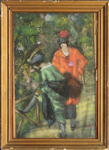 Domenico Colao - Ragazze nel parco, pastello su carta, 44x30 cm, entro cornice
