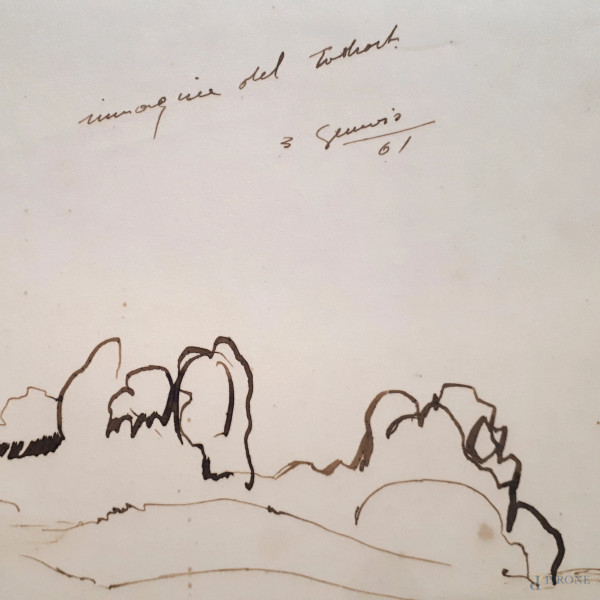 Piero Guccione (1935-2018) Composizione con figure sedute e capre, 1961, inchiostro bruno su cart...