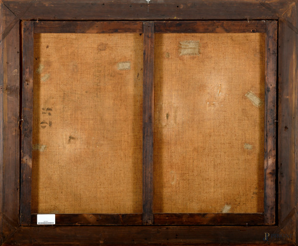 Paesaggio boschivo con figure, olio su tela, fine del XIX . Inizi del XX secolo, cm 63,5x80,5 ent...