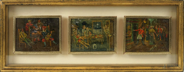 Tre miniature raffiguranti scene di genere, olio su tavola, siglate in basso a destra, entro un'unica cornice, ingombro totale cm 21x53,5