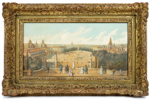 Piazza del Popolo dal Pincio, gouache su cartone, cm 25,5x48, siglato in basso a sinistra EP, entro cornice