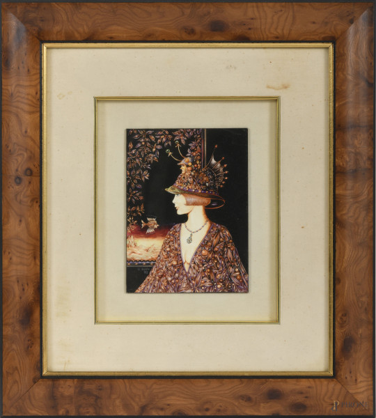 Profilo di donna, tecnica mista su carta applicata su cartoncino, firmato e datato 89 in basso a sinistra, cm 17,5x12,5, entro cornice