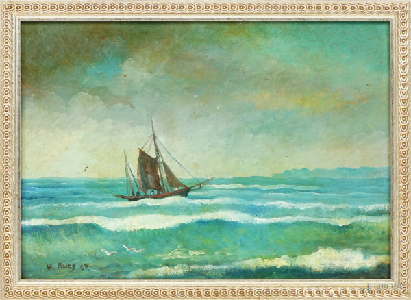 Marina con imbarcazione, olio su tavola, cm 20,5x28,5, firmato e datato, entro cornice