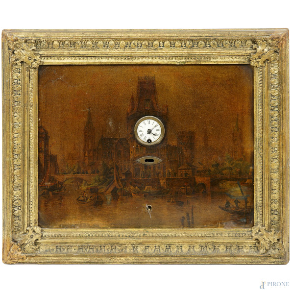 Orologio da muro con carillon, decoro raffigurante una veduta urbana con fiume, piccolo quadrante circolare bianco con numeri romani, cornice in legno dorato, XX secolo, cm 54x65,5 (difetti e meccanismo da revisionare)