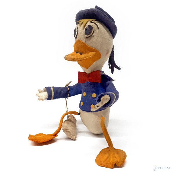 Donald Duck, panno Lenci raffigurante Paperino, produzione anni 50, imbottitura in paglia, altezza cm 30, segni del tempo
