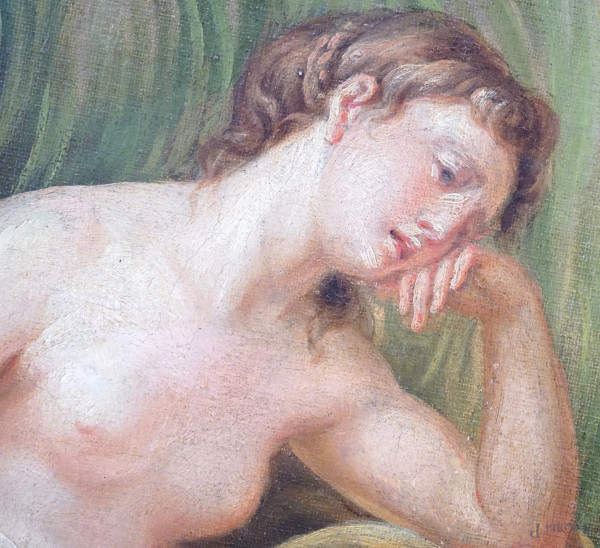 Satiro con una ninfa, olio su tela in assetto circolare, XVIII secolo, diametro cm 63, entro corn...