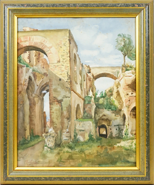 Rovine romane, acquarello su carta, cm 50x40, firmato, entro cornice