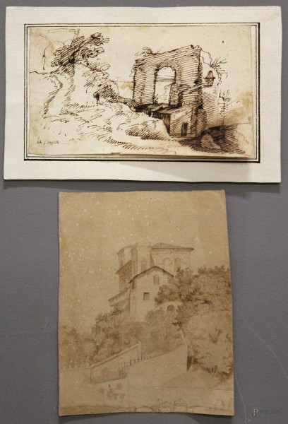 Lotto di un paesaggio con rovina a china ed un esterno di monastero a tecnica mista su carta, 10x17 - 17x13 cm, XIX sec.