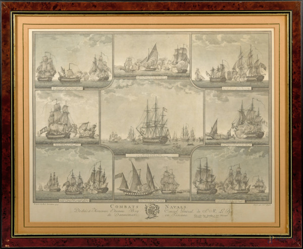 Joseph Francois Emeric (disegnatore) e Joseph Angeli (incisore), Coppia di stampe "Combats Navals...