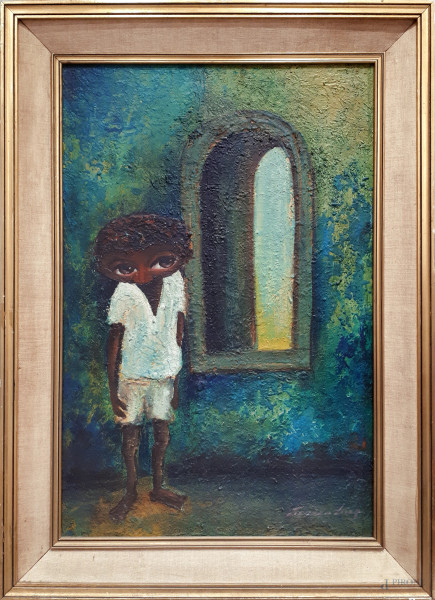 Eurico Luiz (1936-2004), Figura, 1966, olio su tela, cm 60x40, firmato in basso a destra, titolo e anno al retro, con cornice