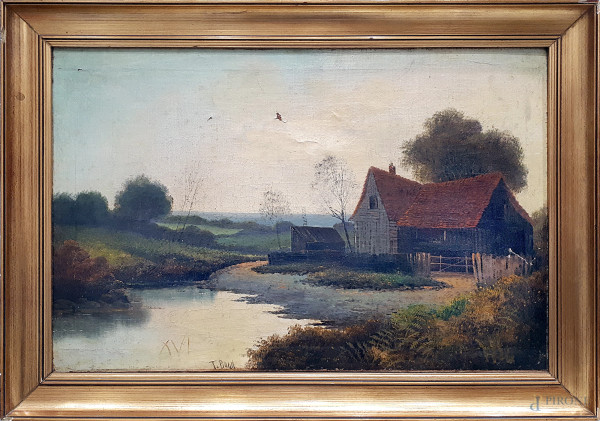 Pittura Vittoriana, Paesaggio fluviale con cascina, raffinato olio su tela dell’Ottocento, cm 40x61, firmato, con cornice