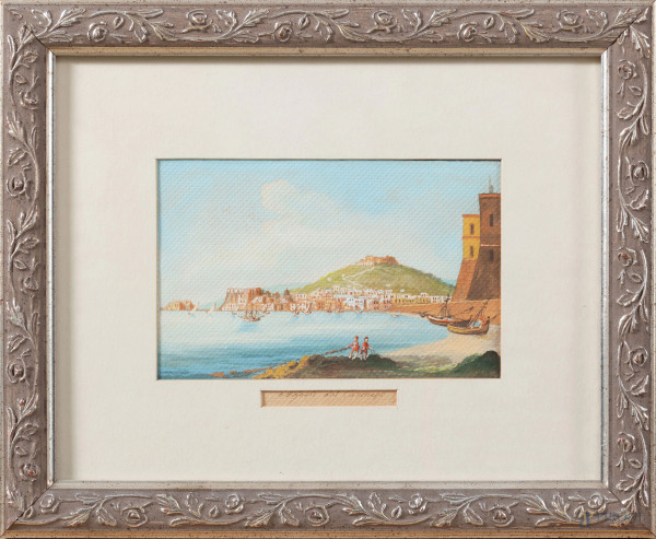 Costiera napoletana, XX secolo, tecnica mista su cartoncino, cm 19x24,5 compreso passepartout, entro cornice, (tracce di umidità, ondulazioni della carta)