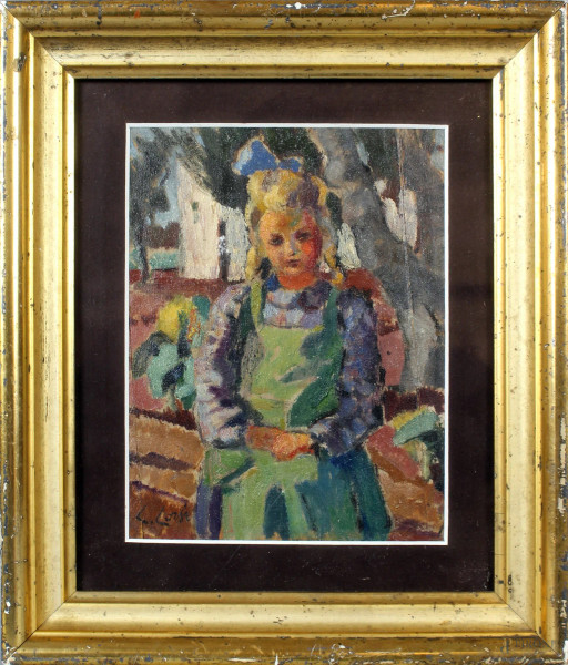 Ritratto di bambina, olio su tavola, cm. 19,5x15,5, firmato C. Corsi, entro cornice.