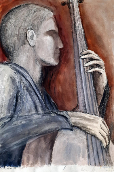 Francesco Ridolfi - Suonatore di violoncello, 1959, tecnica mista su carta, cm 56x38, firmato e datato