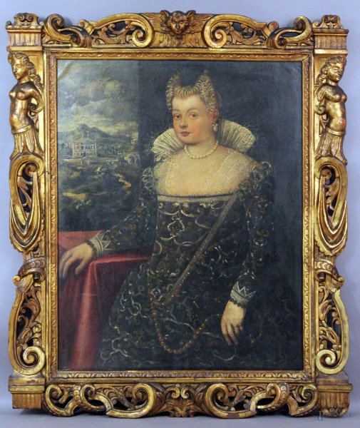 Pittore del XVII sec, Ritratto di nobildonna, olio su tela 112x92 cm, entro cornice in legno intagliato e dorato.