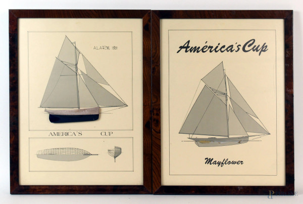 America's Cup, due stampe su carta, cm 38,5x29, XX secolo, entro cornici, (difetti)