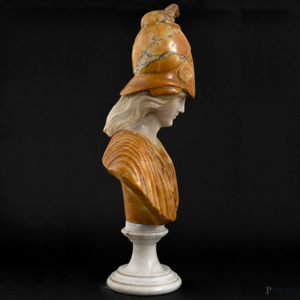 Busto di Minerva, base in marmo statuario e scultura in marmo giallo screziato e alabastro, altez...