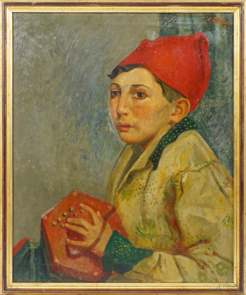 Giovane suonatore con cappello rosso, olio su compensato, firmato in alto a destra, cm 48x40, entro cornice