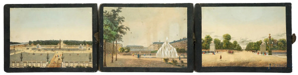 Lotto di tre stampe raffiguranti vedute di Parigi, misure max cm 14,5x20, XIX secolo