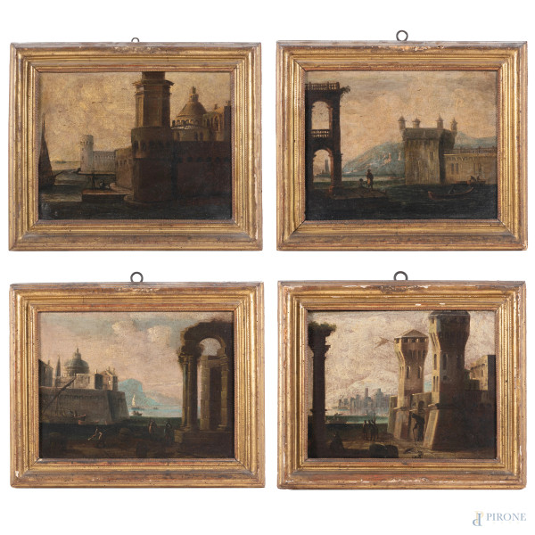 Lotto composto da quattro dipinti raffiguranti città fortificate, XVII secolo, olio su tela, misure massime cm 30x38, (restauri)