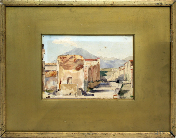 Pompei con il Vesuvio sullo sfondo, acquarello su carta, cm 23 x 16, entro cornice.