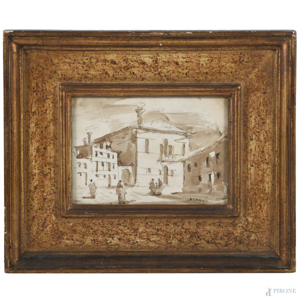 Vedute di paese con figure, XX secolo, tecnica mista su carta, cm 13x18, firmati, entro cornice, (ondulazioni della carta, segni di umidità, foxing, difetti)